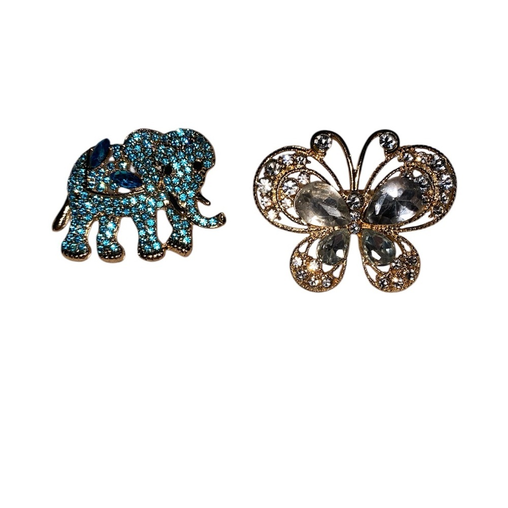 ELEGANT VINTAGE BLUE AND GOLD ELEPHANT AND BUTTERFLY BROOCH SET